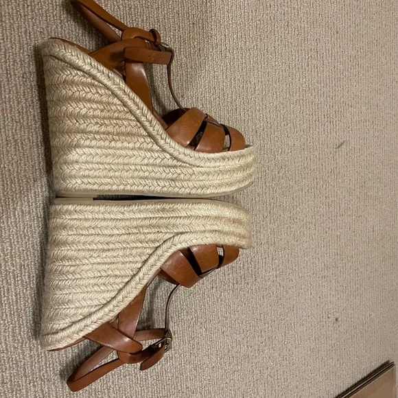 Yves Saint Laurent Tribute Brown Leather Espadrille Wedge Sandals - Picture 9 of 10